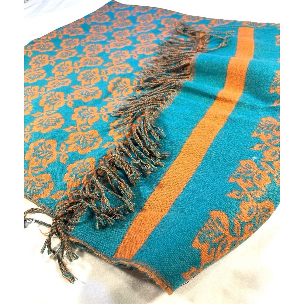 Pashmina Style Scarf Wrap Orange Teal Floral Fringe Shawl 27x75 boho